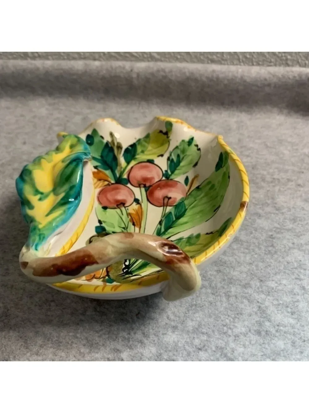 Vintage Handpainted Italy Leaf Trinket Dish Small Chip 7x5.5”.